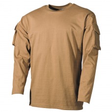 Тактическая футболка спецназа США с длинным рукавом, койот, с карманами на рукавах, х/б MFH